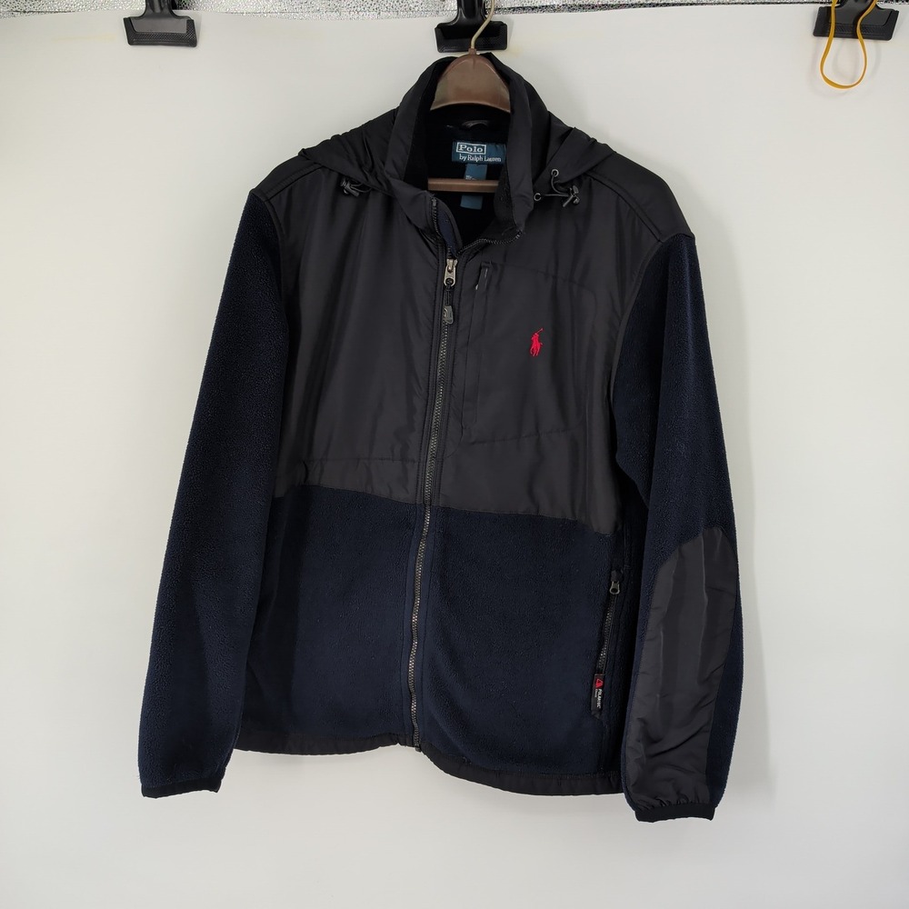 Polo Ralph Lauren Polartec Fleece Jacket Mens Sz L Navy Blue Packable Hood 90's